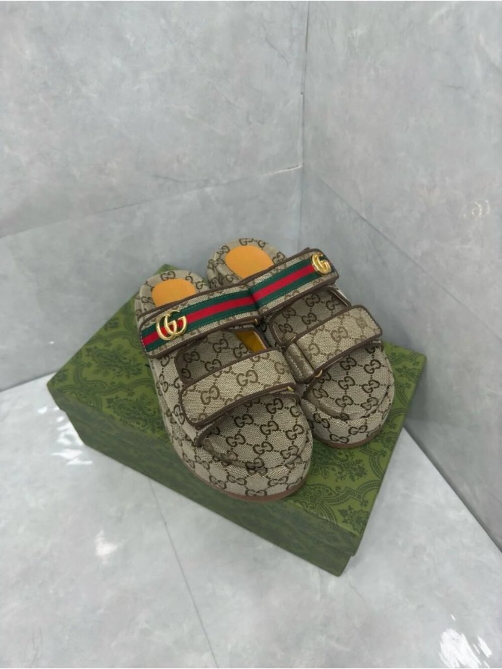 Gucci GG Supreme Web Stripe Double‑G Velcro Platform Slides